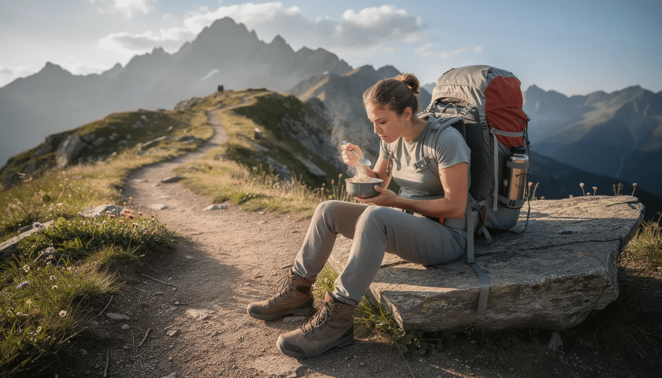 A backpacker sits on a mountain trail enjoying a bowl of rehydrated freeze dried meals, showcasing the convenience of dehydrated backpacking meals for outdoor adventures. The scene highlights the simplicity of preparing one's own backcountry meals, emphasizing the ease of rehydrating food with hot water while immersed in nature.