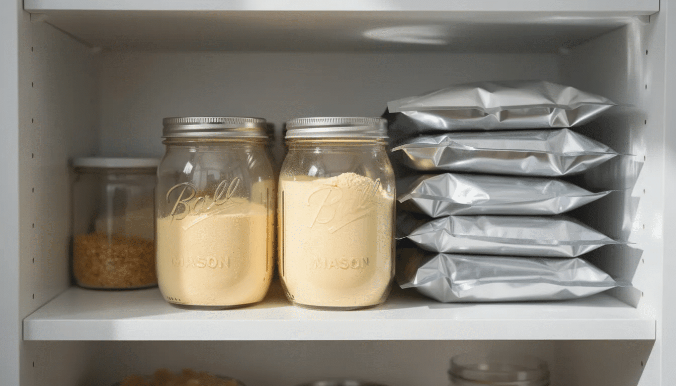The image features glass mason jars filled with pale yellow egg powder, showcasing a method of dehydrating eggs for long-term storage, alongside vacuum-sealed mylar bags on a pantry shelf. This arrangement highlights the convenience of preserving farm fresh eggs in a shelf-stable form, ideal for reconstituting into scrambled eggs or other recipes.
