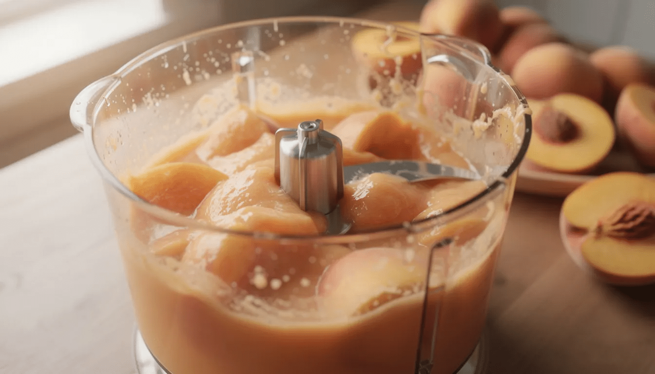 A food processor blends ripe peaches into a smooth peach puree, creating a vibrant mixture ready for making homemade peach fruit leather. The texture is creamy and thick, perfect for spreading onto a prepared baking sheet for a sweet treat.