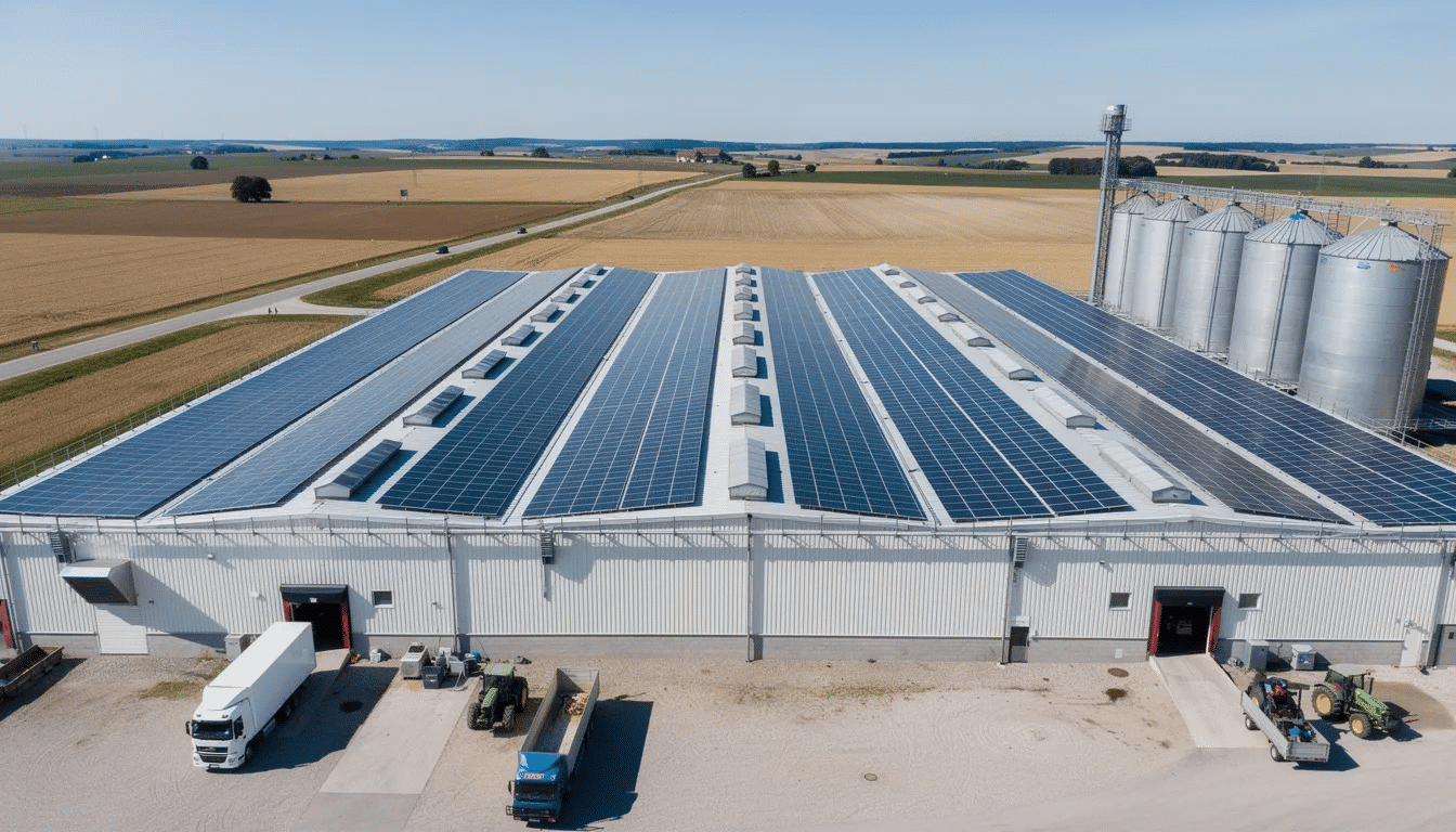 The image shows solar panels installed on the roof of an agricultural processing facility, reflecting a commitment to sustainability in food production. This facility likely processes various fruits, including freeze dried strawberries and cherries, contributing to high-quality dried fruit products while minimizing food waste.