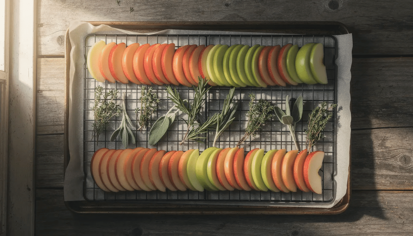 The image features sliced apples and fresh herbs neatly arranged on wire cooling racks, showcasing a colorful display perfect for the drying process. This setup highlights a method for dehydrating food, emphasizing the preparation of dried fruits and herbs, ideal for preserving flavor and texture.