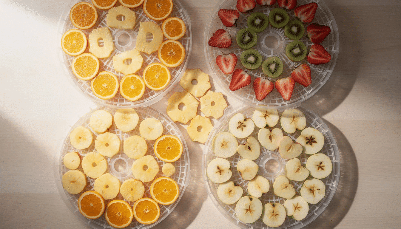 Sliced fresh fruit, including apples, bananas, and apricots, is neatly arranged on circular dehydrator trays, ready for the drying process to create delicious dried fruit. The vibrant colors of the fruit pieces showcase their freshness, while the trays await the warmth needed to remove moisture and preserve their flavor.