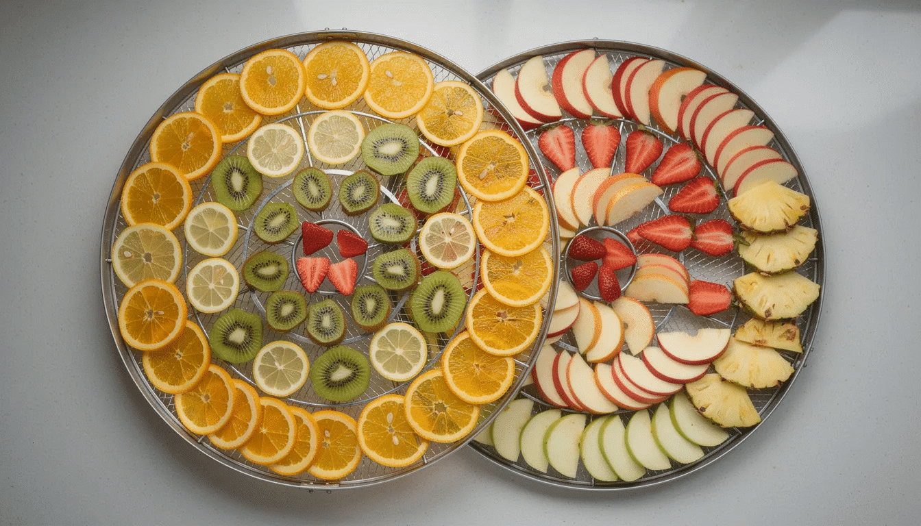 A vibrant assortment of sliced fruits is neatly arranged on BPA-free trays in a food dehydrator, ready for the drying process. The colorful display showcases various fruits, highlighting their freshness before they are transformed into delicious dehydrated snacks.