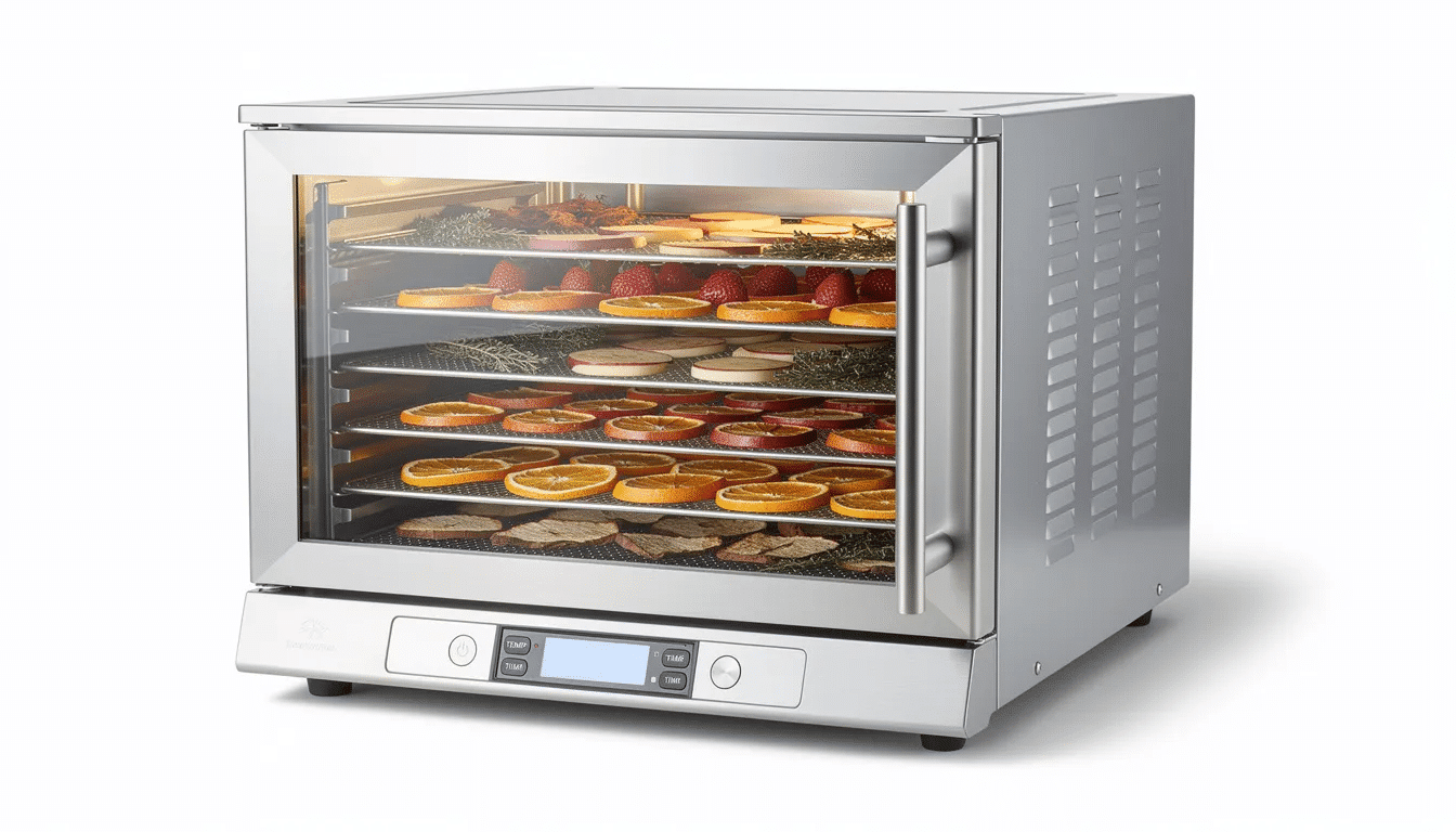 The image depicts a box dehydrator featuring multiple plastic trays stacked inside, designed for food preservation. It showcases the clear door and adjustable thermostat, highlighting its capability to create dehydrated foods like beef jerky, apple chips, and kale chips through efficient air circulation and precise temperature controls.