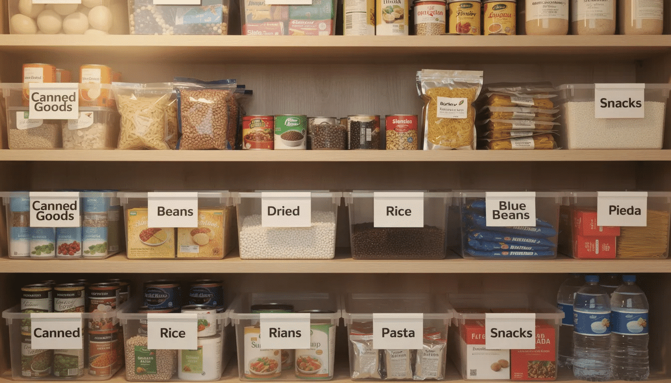 The image shows an organized pantry featuring wooden shelves filled with labeled plastic bins that contain various emergency food supplies, including freeze dried meals and vegetables. This setup emphasizes convenience and preparedness, showcasing nutritious options with a long shelf life, perfect for families looking to stock up on delicious and easy-to-prepare food.