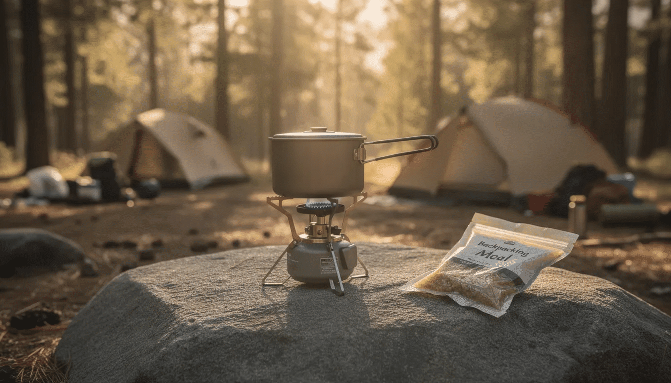 A lightweight backpacking stove sits on a flat rock at a campsite, accompanied by a small pot and a meal pouch containing Thai curry. This setup is perfect for preparing freeze-dried meals, making it ideal for backpacking trips and camping adventures.