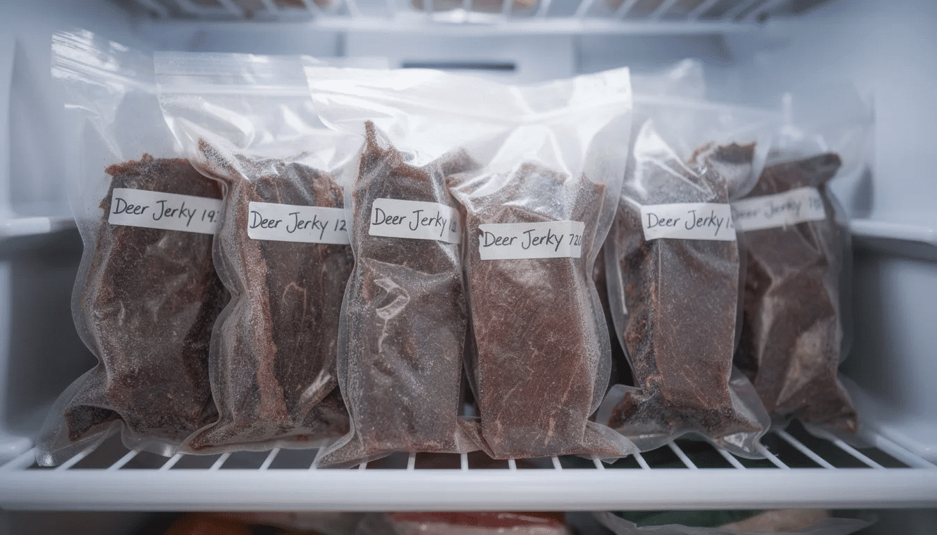 The image shows vacuum-sealed bags of homemade deer jerky neatly stored in a freezer, highlighting the finished jerky ready for snacking. This preparation reflects the process of making jerky, ensuring the meat maintains its savory flavor while being preserved for future enjoyment.