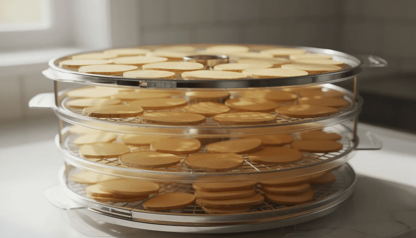 The image shows dehydrator trays filled with evenly sliced golden potato pieces, drying to become dehydrated potatoes. This process enhances their shelf life, making them perfect for long-term storage in airtight containers or mason jars.