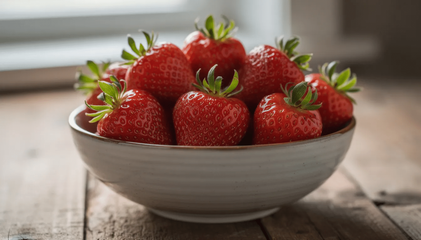 A bowl filled with fresh ripe strawberries, their vibrant red color contrasting with the green tops still attached, is displayed. These strawberries are perfect for making homemade strawberry fruit leather or fruit roll ups, showcasing the essence of real fruit in a delightful snack.