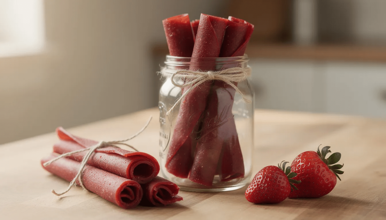 The image shows rolled strawberry fruit leather, tied with kitchen twine, elegantly displayed in a glass mason jar. This homemade strawberry fruit leather, made from fresh strawberries and a simple fruit leather recipe, is a colorful and nutritious snack option.
