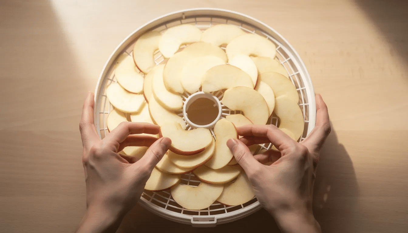 The image shows hands carefully arranging fresh apple slices on a round food dehydrator tray, preparing them for the drying process to create delicious dried fruits. The setup highlights the importance of proper air circulation and moisture control in food preservation, particularly for light-colored fruits that may require ascorbic acid to prevent browning.