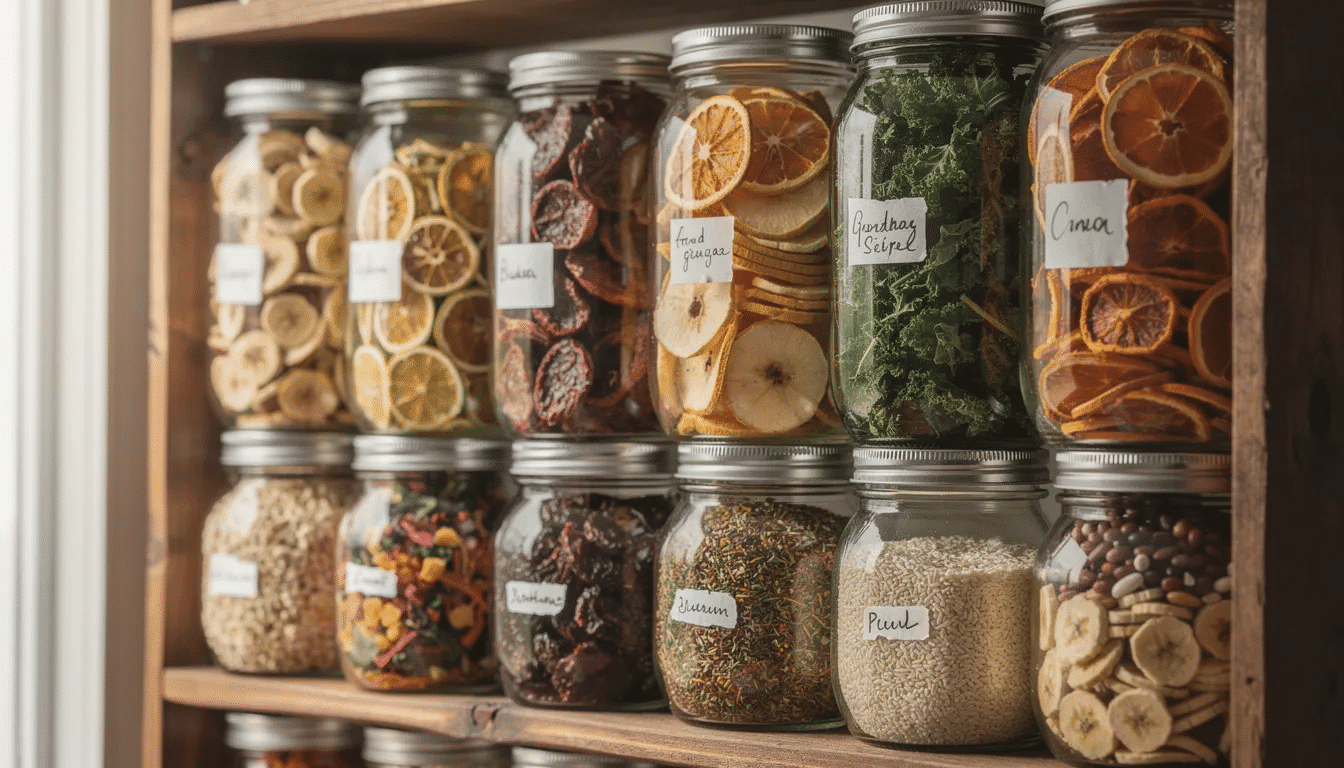 The image features mason jars filled with a variety of dehydrated foods, including dried fruits, vegetables, and lean meats, all neatly arranged on rustic wooden shelves. This display highlights the process of food dehydration and the long shelf life of these nutritious ingredients, perfect for meal preparation and storage.