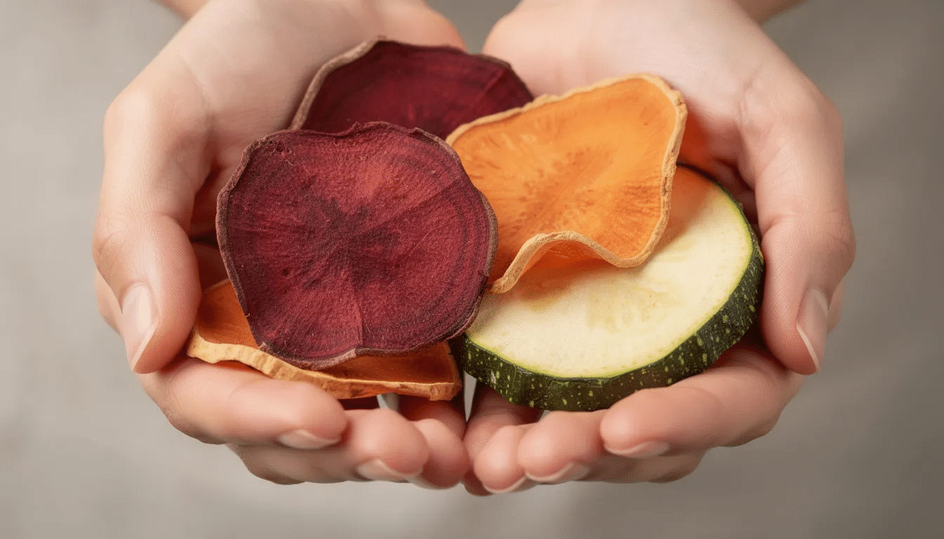 The image shows hands holding brittle, properly dried vegetable slices, highlighting their dehydrated texture. These slices exemplify the food dehydration process, showcasing how most vegetables can be transformed for long-term storage and enhanced shelf life.