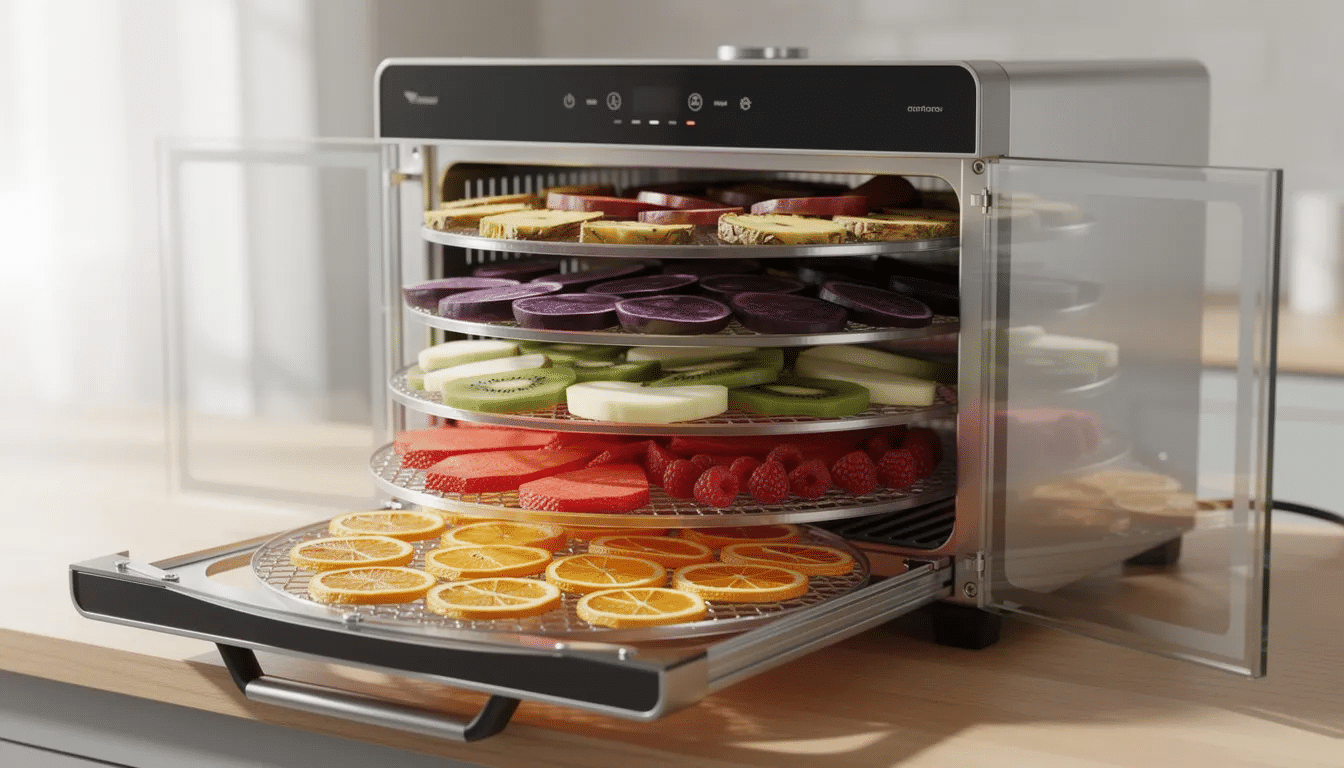 The image shows a food dehydrator with multiple trays filled with colorful sliced fruits, such as apples and berries, arranged neatly for the drying process. This setup highlights the food preservation method, allowing fresh produce to be transformed into dried fruits with a longer shelf life while retaining their nutritional value.
