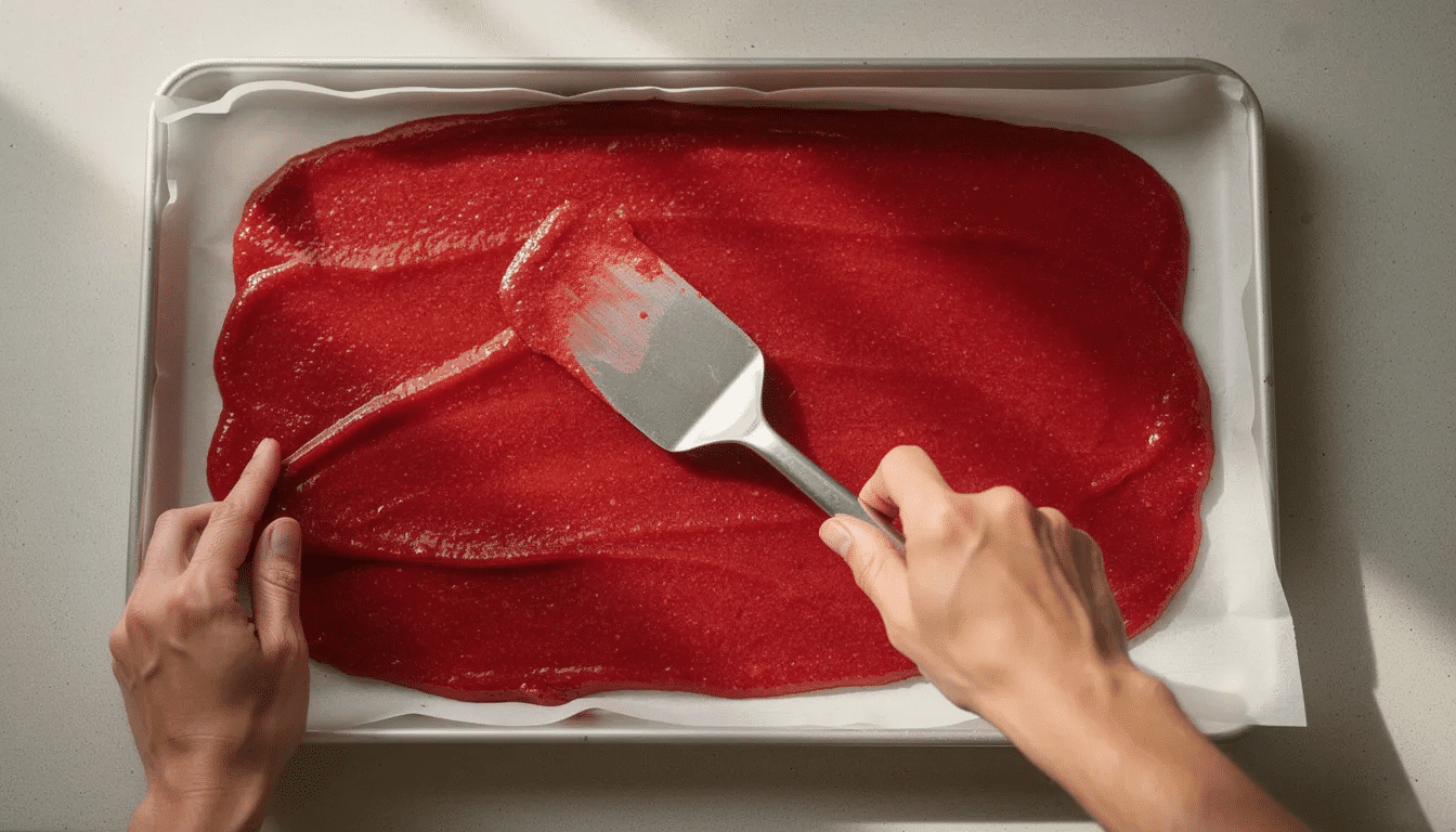 Hands are using an offset spatula to evenly spread a bright red cranberry fruit puree on a parchment-lined baking sheet, preparing to make homemade fruit leather. The smooth mixture is likely made from leftover cranberry sauce, combined with other ingredients for a delicious fruit snack.