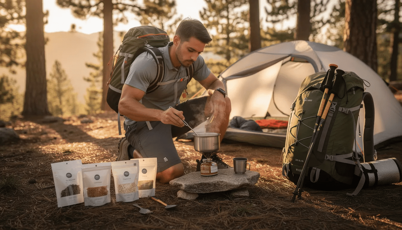 A backpacker is seen at a campsite, preparing a meal using lightweight freeze dried food pouches and cooking equipment, including a pot of boiling water. The scene highlights the convenience of long-term food storage options like dehydrated vegetables and freeze dried meals, perfect for outdoor adventures.