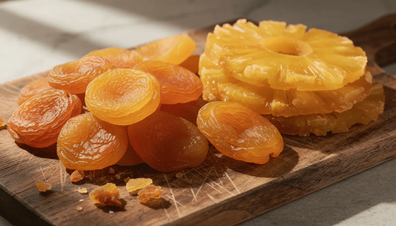 An assortment of golden dried fruits, including soft apricots, mango slices, and pineapple rings, is beautifully arranged on a rustic wooden cutting board, showcasing their rich flavors and vibrant colors. This selection of dried fruit is perfect for enhancing salads or as a delightful snack.