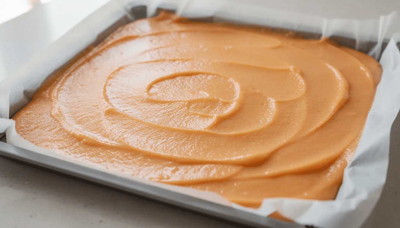 A smooth layer of peach puree is spread evenly on a parchment-lined baking sheet, ready for drying into homemade peach fruit leather. The vibrant orange mixture showcases the ripe peaches used to create this sweet treat, perfect for making chewy fruit roll-ups.