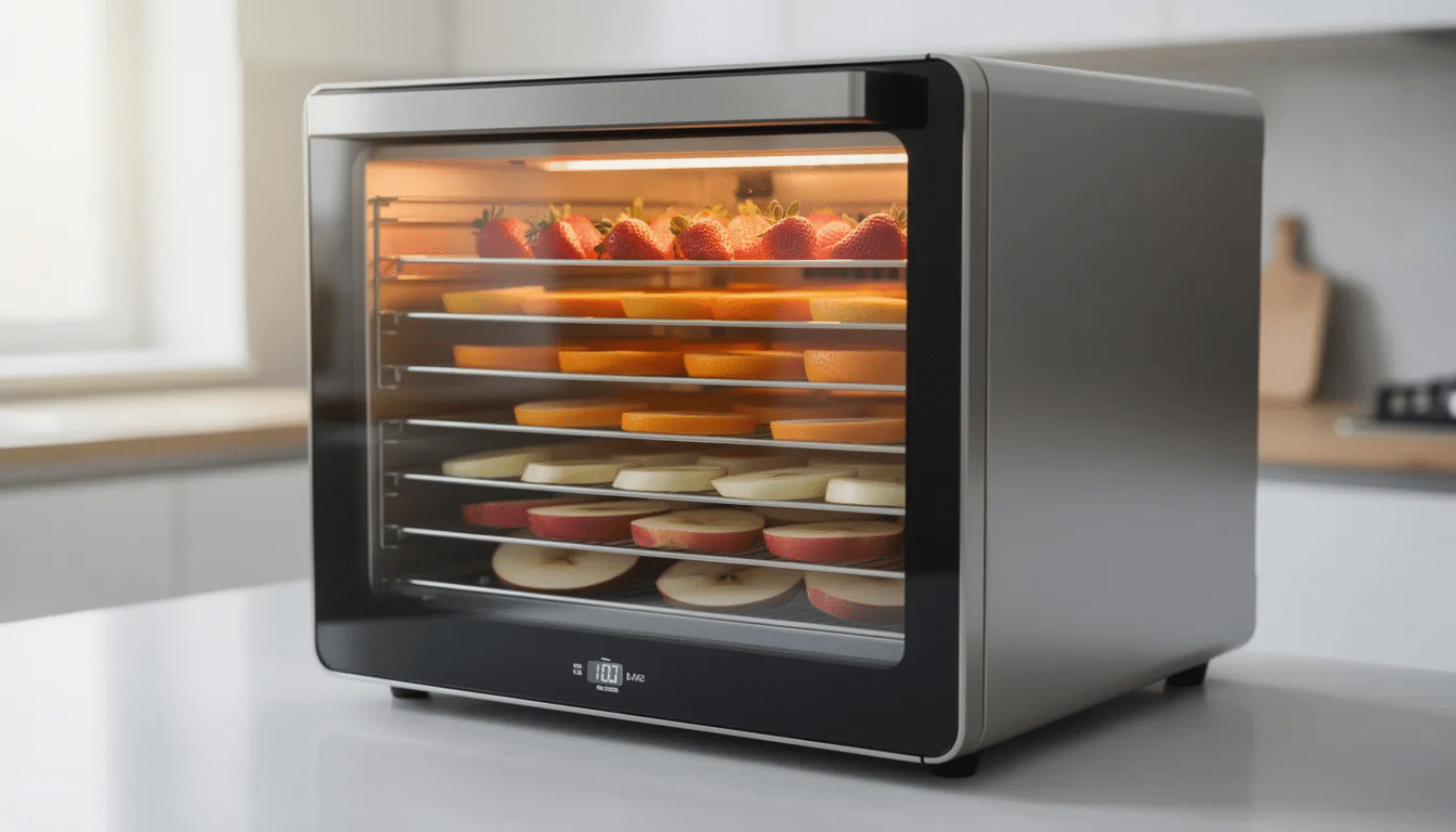 The image depicts a modern food dehydrator made of durable stainless steel, featuring multiple food trays stacked inside. This appliance is designed for the food dehydration process, effectively removing moisture from fresh produce like fruits and vegetables to create dried foods such as fruit leather and vegetable chips, thereby preserving their nutritional value and extending shelf life.