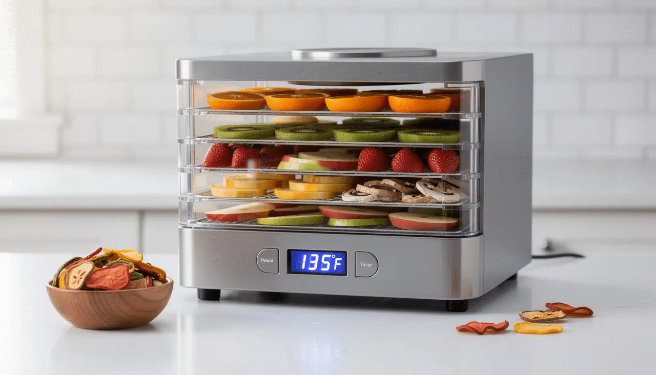 The image features a sleek food dehydrator with stainless steel trays, showcasing various dehydrated foods such as fruits, vegetables, and jerky. The machine includes a digital display for temperature controls and adjustable settings, ideal for preserving food and making snacks like fruit leather and kale chips.