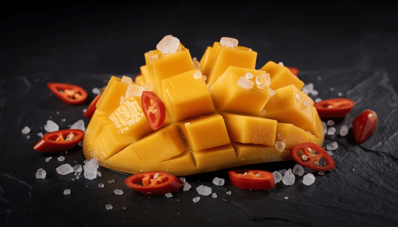 The image features vibrant slices of fresh mango arranged alongside bright red chili peppers and coarse salt crystals on a dark surface, creating a visually appealing contrast. This combination offers a delicious and nutritious snack option, showcasing the organic fruit's peak freshness and flavor.