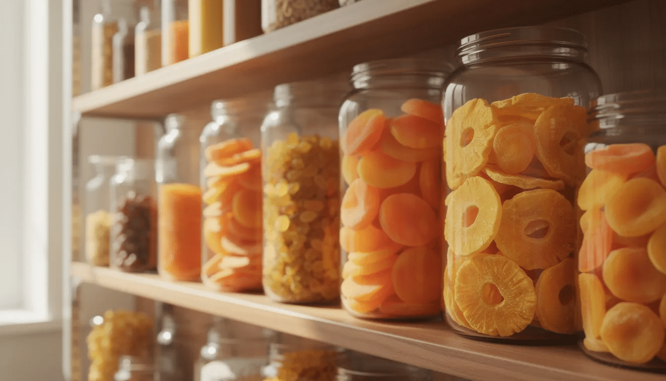 The image shows glass storage jars filled with an assortment of golden dried fruits, neatly arranged on pantry shelves. These vibrant dried fruits, known for their rich flavor, are perfect for adding to salads or enjoyed as a healthy snack.