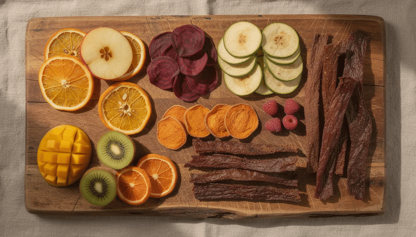 An assortment of colorful dried fruits, vegetables, and jerky strips is beautifully arranged on a wooden cutting board, showcasing a variety of textures and vibrant colors. This healthy display highlights the results of using a stainless steel dehydrator for creating nutritious snacks and treats.