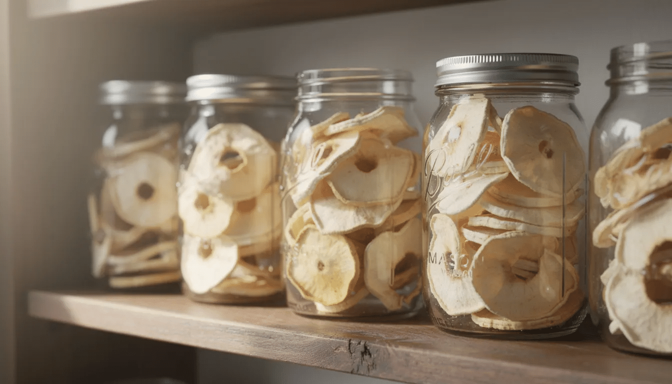 The image features several glass mason jars on a wooden shelf, each filled with pale, dried apple rings. Some jars are open, displaying the perfectly dried apple slices, which are ideal for snacking or adding to recipes like apple pie or oatmeal.