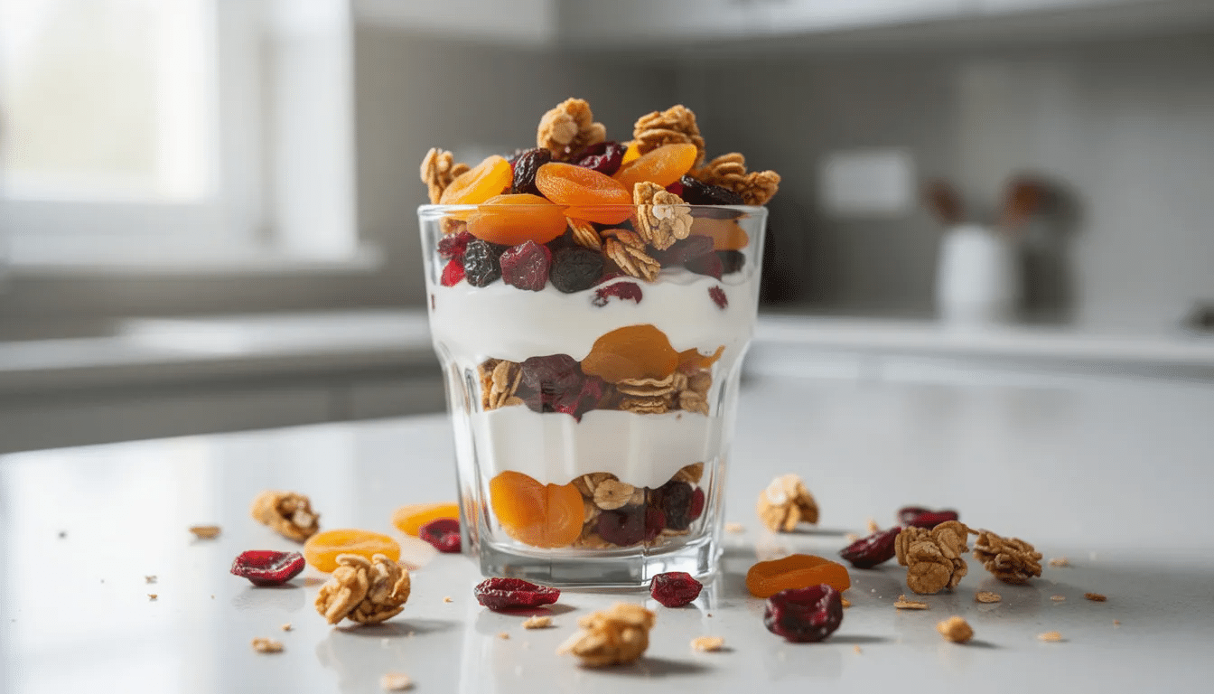 A glass parfait cup sits on a kitchen counter, beautifully layered with creamy white yogurt, a vibrant fruit medley of colorful dried fruits, and a sprinkle of golden granola, making it a delicious and nutritious snack option. This delightful combination offers a burst of flavor and texture, perfect for satisfying your sweet tooth.