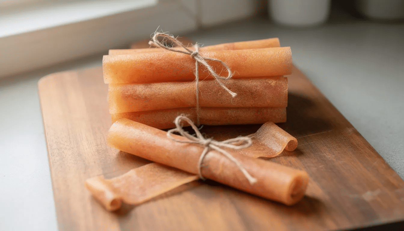 The image shows rolled strips of homemade peach fruit leather tied with twine, neatly arranged on a wooden cutting board. This sweet treat, made from ripe peaches and blended into a smooth puree, is a chewy and healthy snack option.