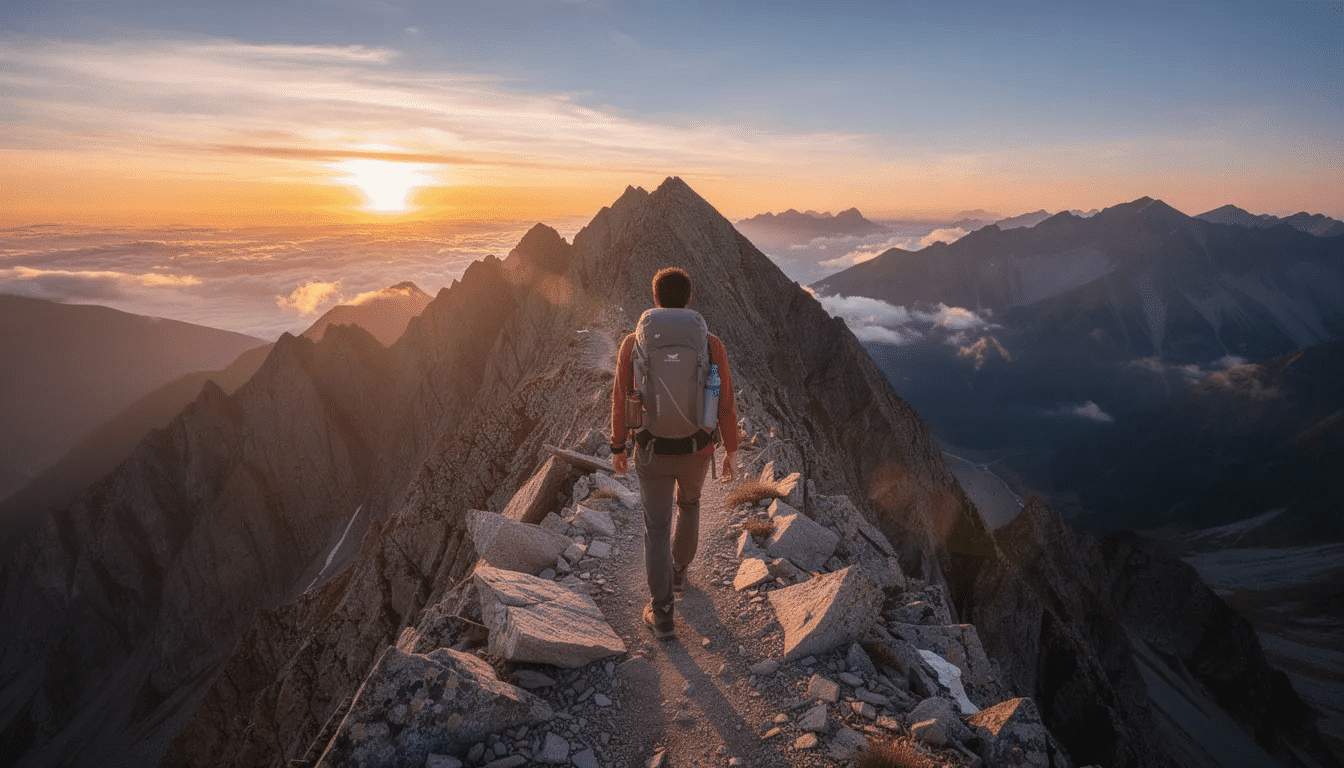 A solo hiker with a lightweight backpack walks along a mountain ridge at sunset, surrounded by breathtaking views of the landscape. The scene captures the essence of adventure and tranquility, perfect for those who enjoy nutritious freeze dried meals during their outdoor excursions.