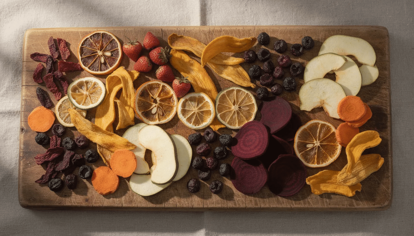 A colorful assortment of dehydrated fruits and vegetables, including apple slices, sweet potatoes, and bell peppers, is beautifully arranged on a rustic wooden cutting board. This vibrant display highlights healthy snacks that can be made using an air fryer or food dehydrator, perfect for enjoying delicious and nutritious treats.