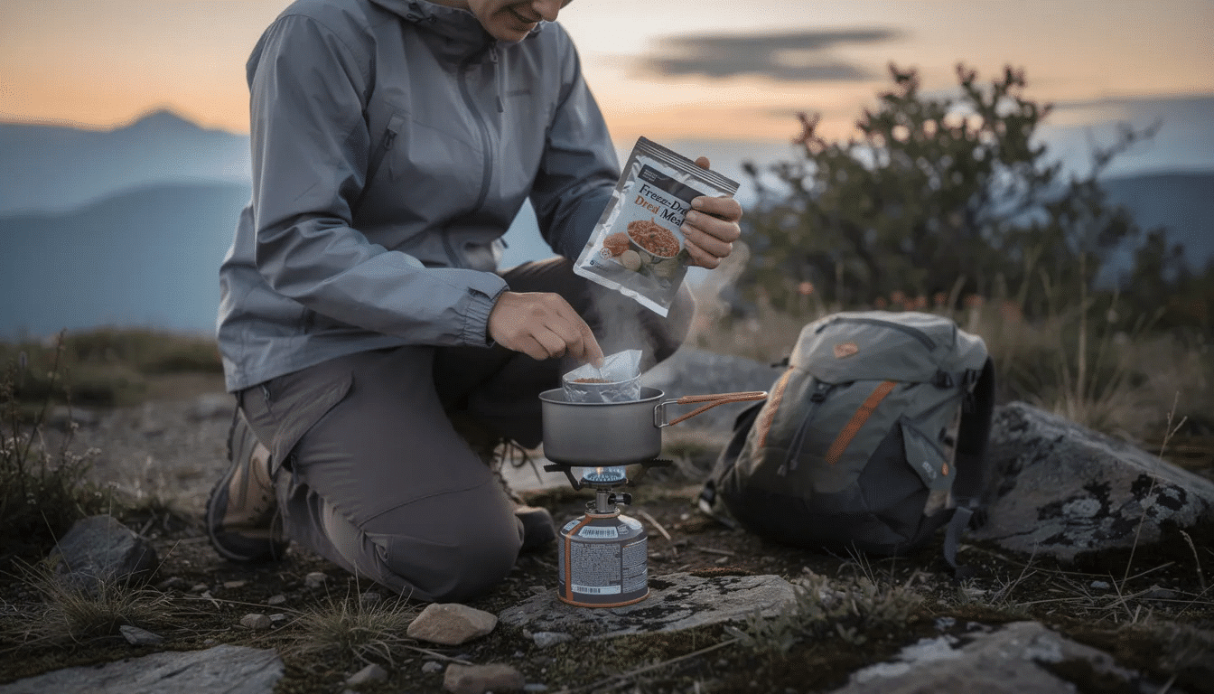 A person is outdoors preparing a freeze dried meal using a portable camping stove and a metal pot, showcasing the convenience of emergency food supply for outdoor adventures. The scene highlights the process of boiling water to rehydrate the freeze dried foods, emphasizing their long shelf life and suitability for emergency preparedness.