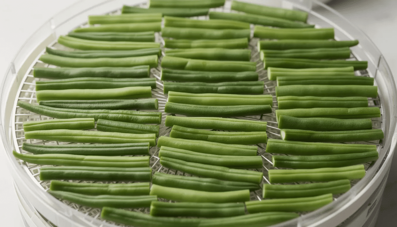 The image shows dehydrator trays filled with uniform pieces of fresh green beans arranged in a single layer, ready for the drying process. This setup is ideal for preserving fresh green beans, ensuring they become perfectly dehydrated for future use in soups or stews.