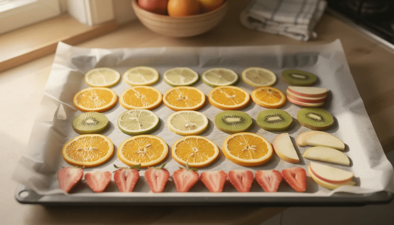 The image shows an assortment of fresh fruit slices, including apples, bananas, and apricots, neatly arranged on parchment-lined baking sheets in a cozy home kitchen. This setup is likely part of the drying process for creating delicious air dried fruit snacks.