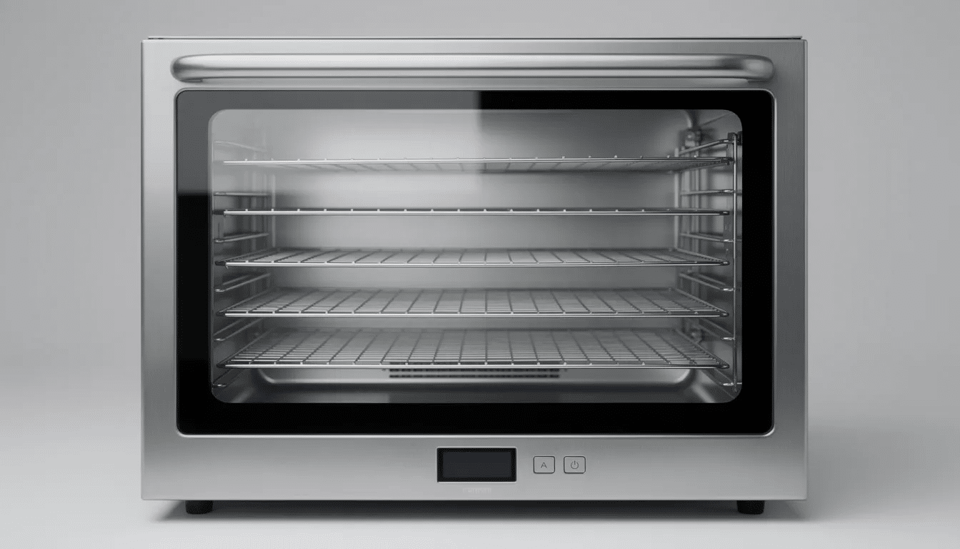 A close-up view of a stainless steel food dehydrator featuring a glass door, showcasing multiple stainless steel trays inside. This digital dehydrator is designed for precision drying, allowing you to create healthy treats from fruits, vegetables, and herbs.