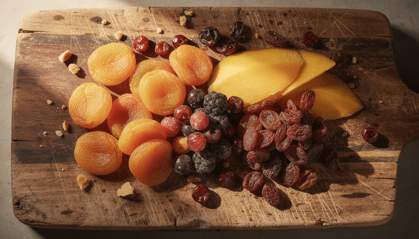 An assortment of colorful dried fruits, including vibrant apricots, mangoes, and berries, is beautifully arranged on a rustic wooden cutting board. This selection showcases the delicious flavors and nutritional value of dried fruit, making it an ideal snack for families looking to enjoy a healthy treat without added sugars or preservatives.