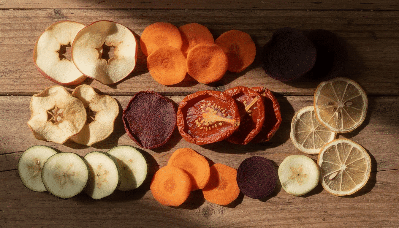 A vibrant assortment of dehydrated fruits and vegetables, including apple rings, banana chips, and dried tomatoes, is beautifully arranged on a wooden surface, showcasing the appealing colors and textures of these healthy snacks. This image highlights the concept of food preservation through dehydration, perfect for those looking to store dehydrated food for long-term use.