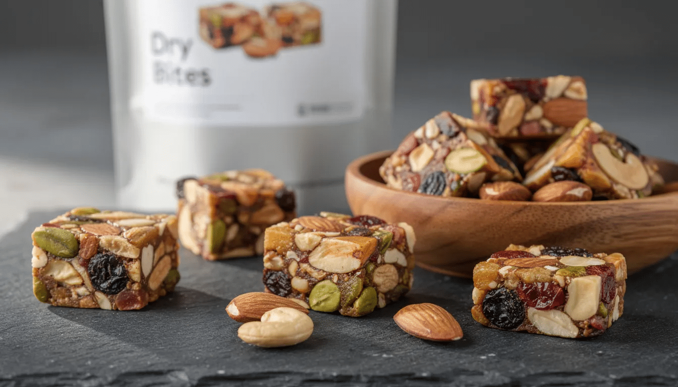 The image features a colorful assortment of dry fruit bites, including dates, almonds, cashews, pistachios, and raisins, arranged on a decorative plate. This delicious post-dinner dessert is a healthy mix packed with vitamins and fiber, perfect for enjoying with a sweet loving family.