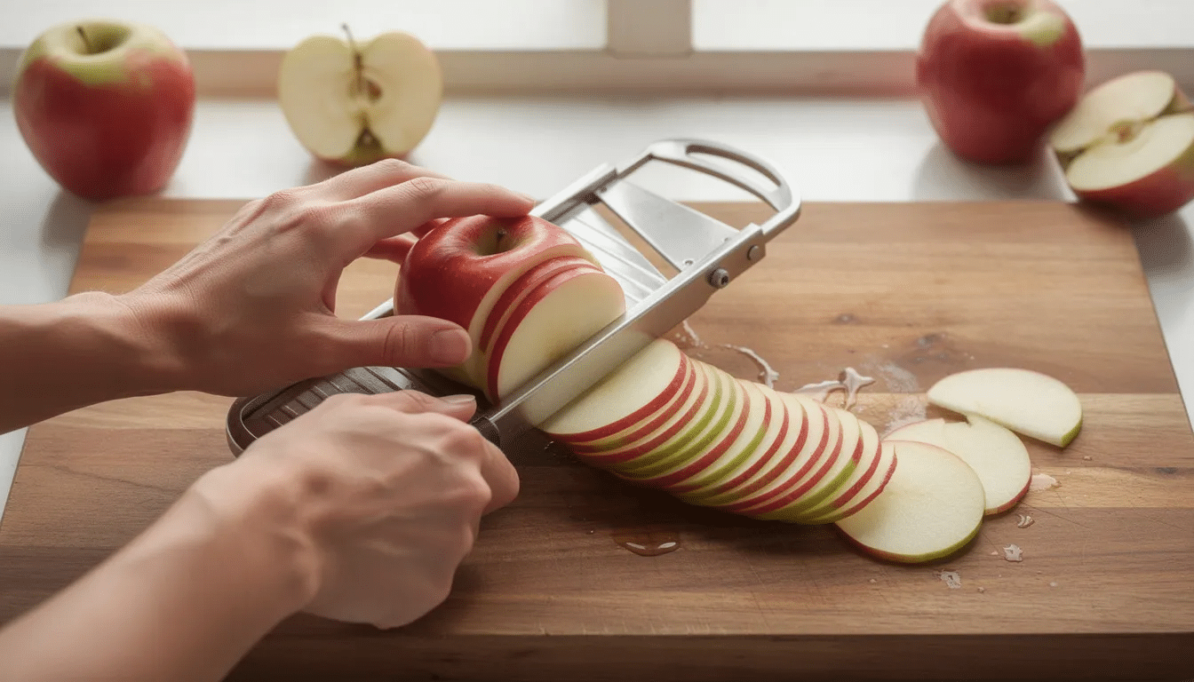 A pair of hands skillfully uses a mandoline to slice fresh apples into uniform thin rings on a wooden cutting board, preparing them for dehydrating into delicious snacks or fruit leather. The process highlights the importance of food preservation techniques, making it easier to store dehydrated food for long-term enjoyment.