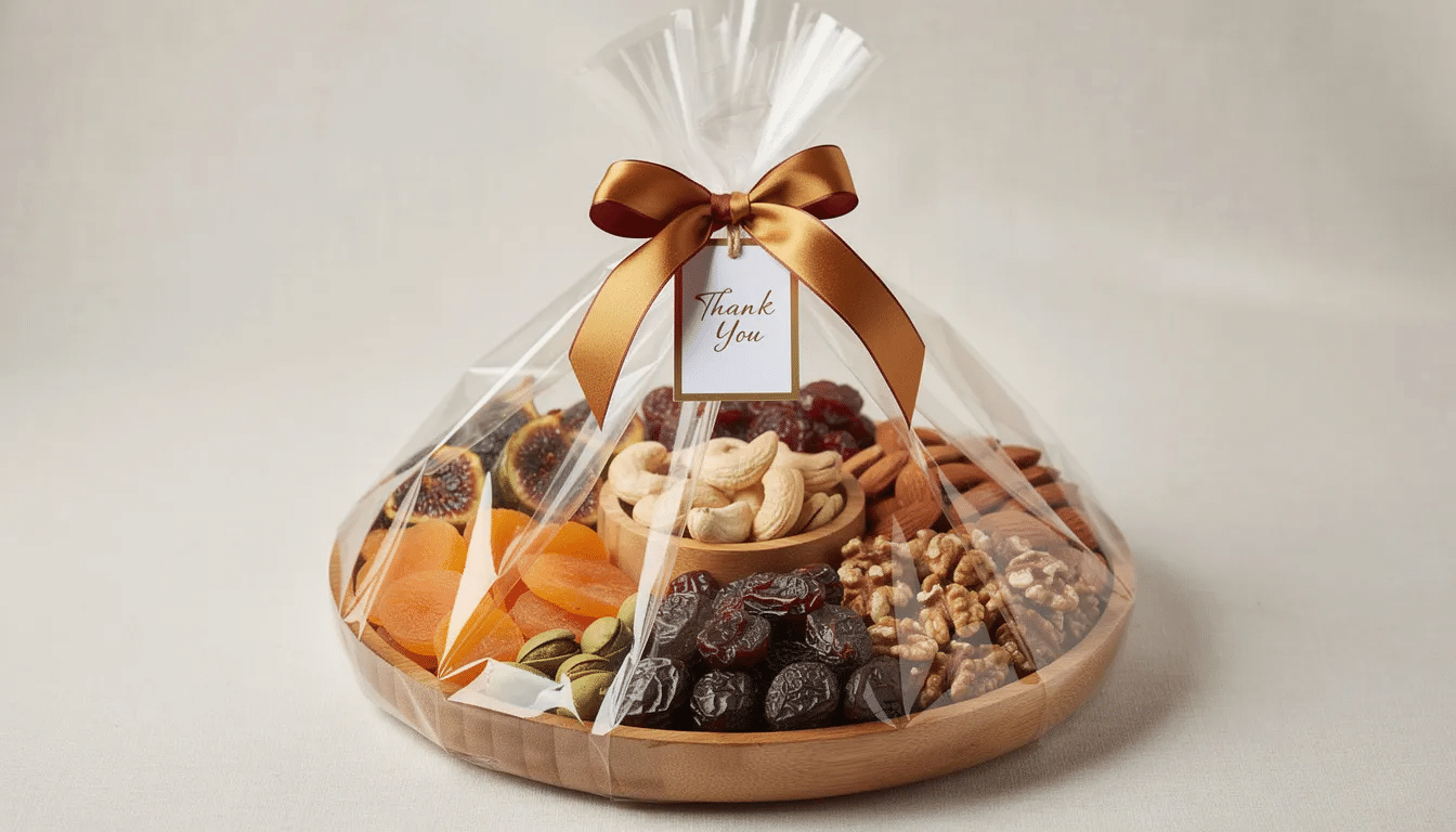 An elegant gift-wrapped dried fruit and nut tray is beautifully adorned with a ribbon and gift tag, showcasing an assortment of wholesome treats including dried apples, pears, peaches, and roasted salted cashews. This delightful platter makes a perfect present for family, friends, or customers.