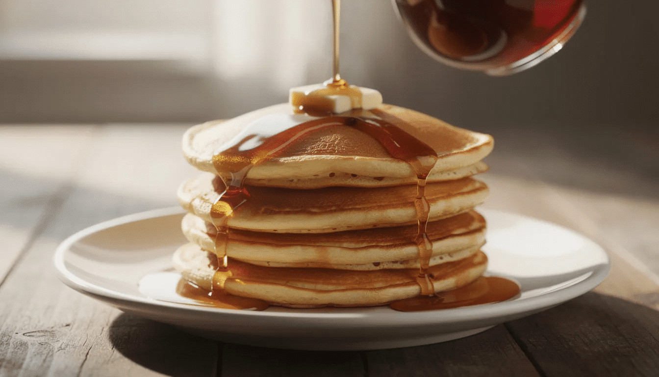 A stack of golden pancakes sits on a white plate, with rich syrup being poured over them, creating a deliciously inviting scene. The fluffy pancakes are perfectly stacked, enticing anyone to enjoy this comforting breakfast treat.