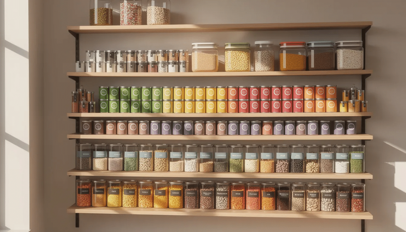 The image depicts a well-organized pantry with neatly arranged food storage cans, showcasing a variety of Thrive foods, including freeze-dried and dried food options. This setup emphasizes convenience and quality, making it easy for families to stock up on nutritious items for long-lasting use.