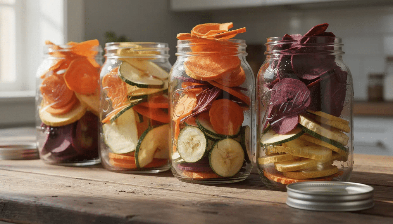 The image shows mason jars filled with vibrant, colorful dried fruits like apples, bananas, and cherries, as well as vegetable slices, showcasing the results of the dehydrating process. These jars, perfect for storing dried foods, highlight the delightful textures and flavors achieved through methods such as oven drying or using a dehydrator alternative.