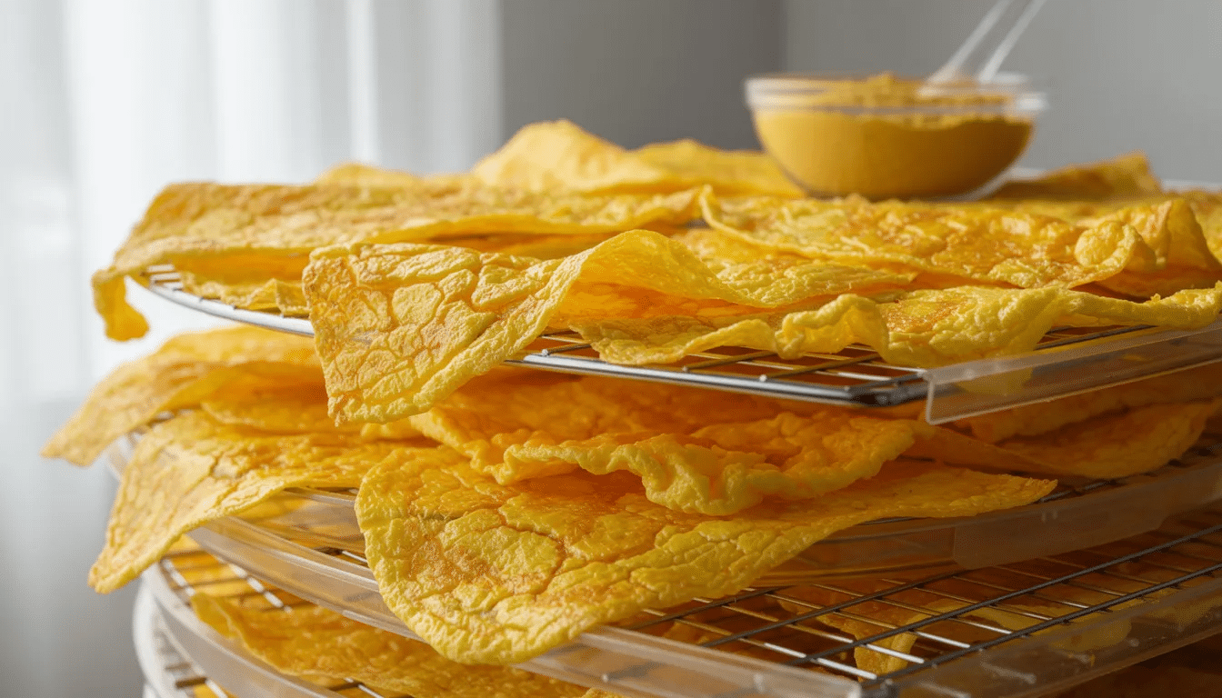 The image shows brittle golden sheets of dried eggs laid out on dehydrator trays, ready to be ground into fine powder for long-term storage. This process of dehydrating eggs allows for the preservation of farm fresh eggs, transforming them into shelf-stable powdered eggs that can be easily reconstituted for cooking.