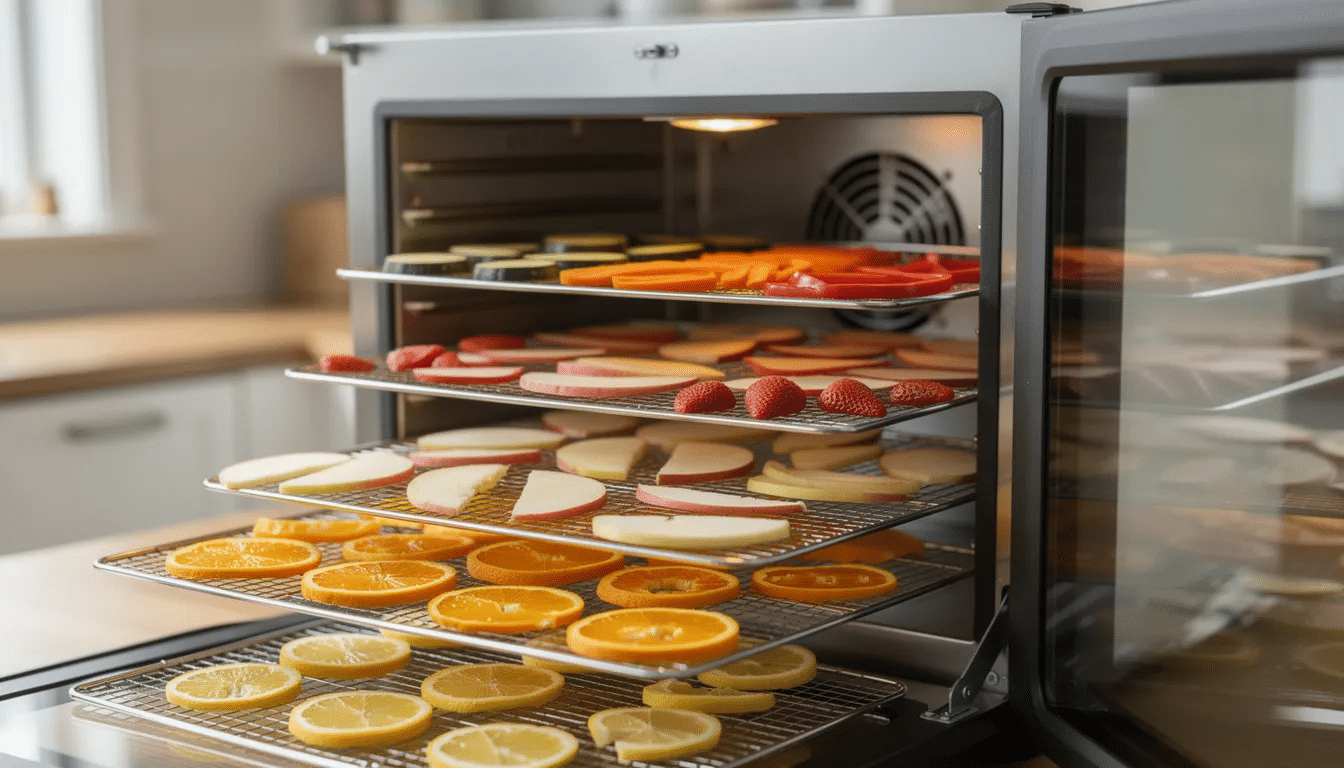 The image shows the interior of an Excalibur dehydrator in stainless steel, featuring multiple wire mesh trays filled with an assortment of sliced fruits and vegetables, highlighting the drying process. The design allows for optimal air flow, ensuring precision drying for creating healthy treats.