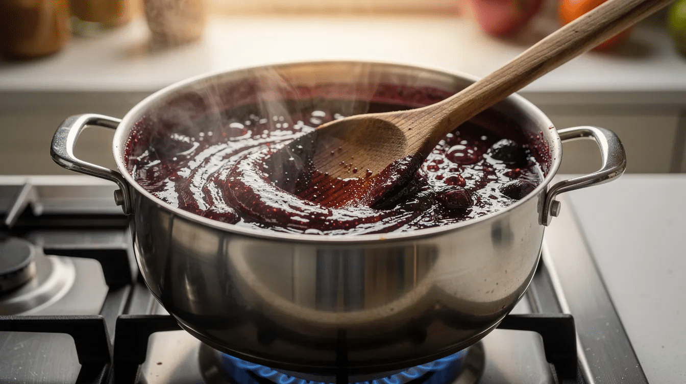 A large pot on the stove is filled with bubbling fruit jam, being stirred occasionally with a wooden spoon. The mixture, likely made from fresh ripe figs and honeycrisp apples, showcases a golden brown color as it cooks over medium heat, filling the kitchen with sweet and delicious aromas.