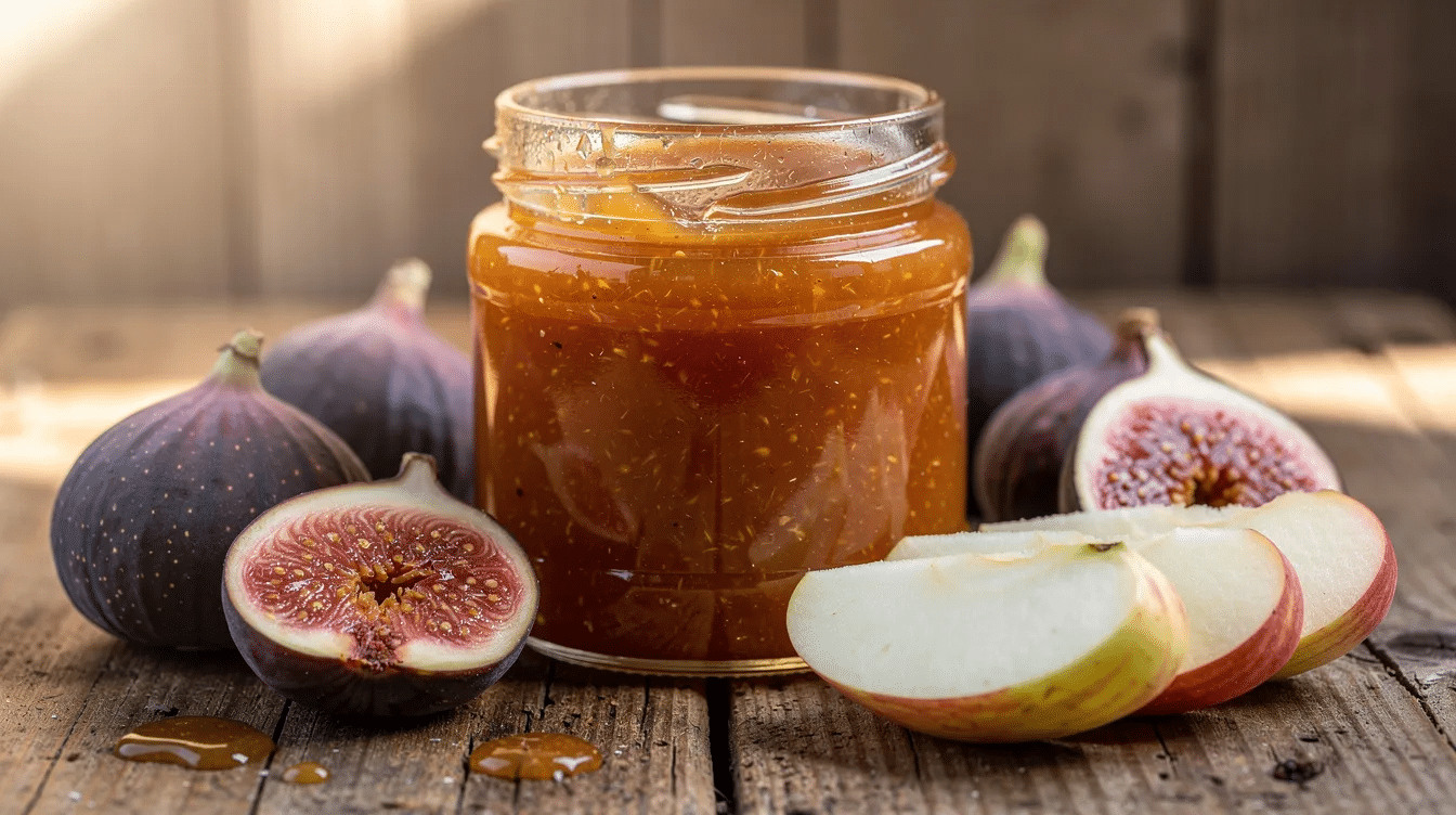 A glass jar filled with golden-brown fig jam sits on a wooden surface, surrounded by fresh ripe figs and sliced honeycrisp apples. The scene evokes a delicious combination of flavors, perfect for spreading on toast or serving as a condiment on a cheese board.