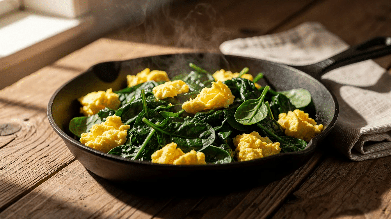 The image shows a cast iron skillet on a wooden table, filled with sautéed spinach mixed with scrambled eggs, showcasing a vibrant green color and a fluffy texture. This dish highlights the use of fresh greens, perfect for a nutritious meal or as part of canning spinach recipes for home food preservation.