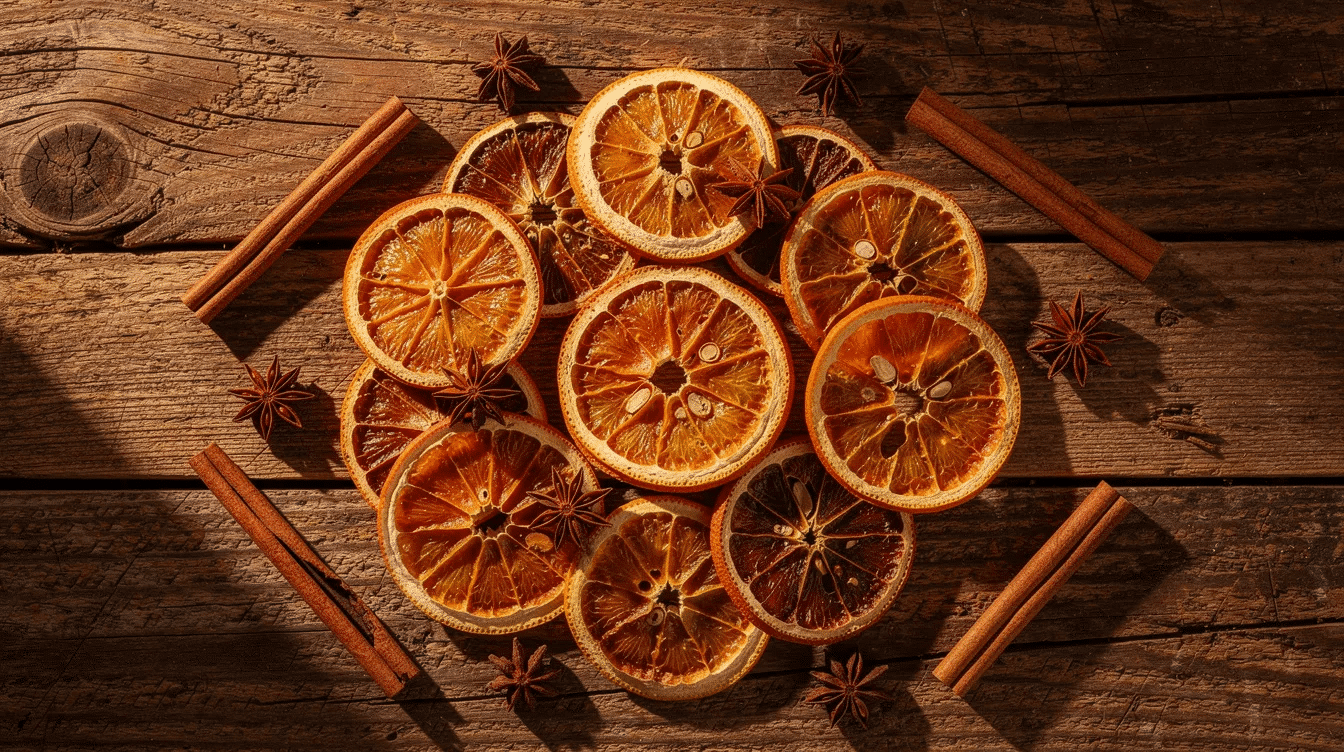 The image features dried orange slices beautifully arranged on a rustic wooden table, accompanied by scattered cinnamon sticks and star anise, creating a warm and inviting holiday decor scene. This natural ornament display evokes the scent of citrus and spices, perfect for festive crafts and decorations.